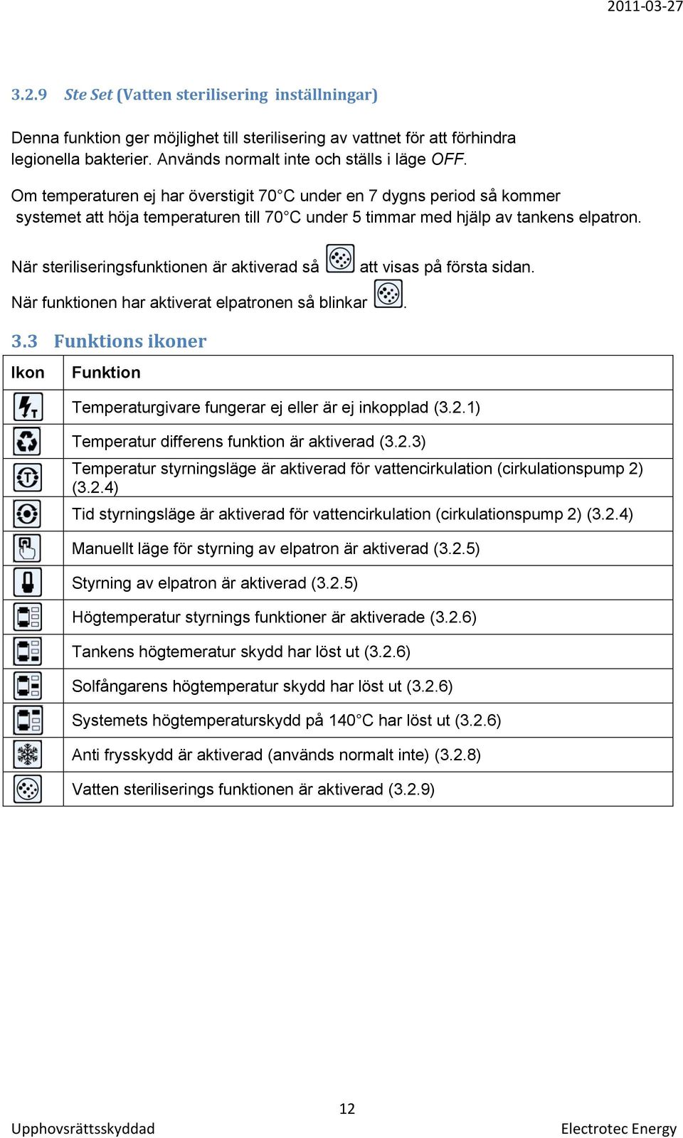 När steriliseringsfunktionen är aktiverad så att visas på första sidan. När funktionen har aktiverat elpatronen så blinkar. 3.