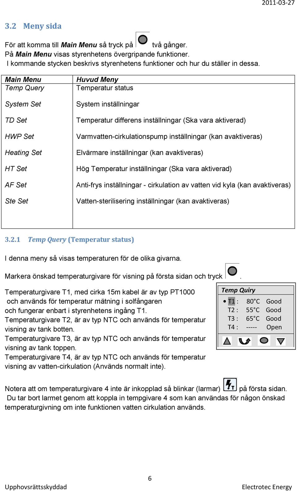 Main Menu Temp Query System Set TD Set HWP Set Heating Set HT Set AF Set Ste Set Huvud Meny Temperatur status System inställningar Temperatur differens inställningar (Ska vara aktiverad)