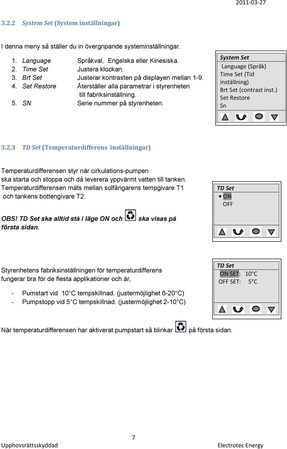 System Set Language (Språk) Time Set (Tid inställning) Brt Set (contrast inst.) Set Restore Sn 3.2.