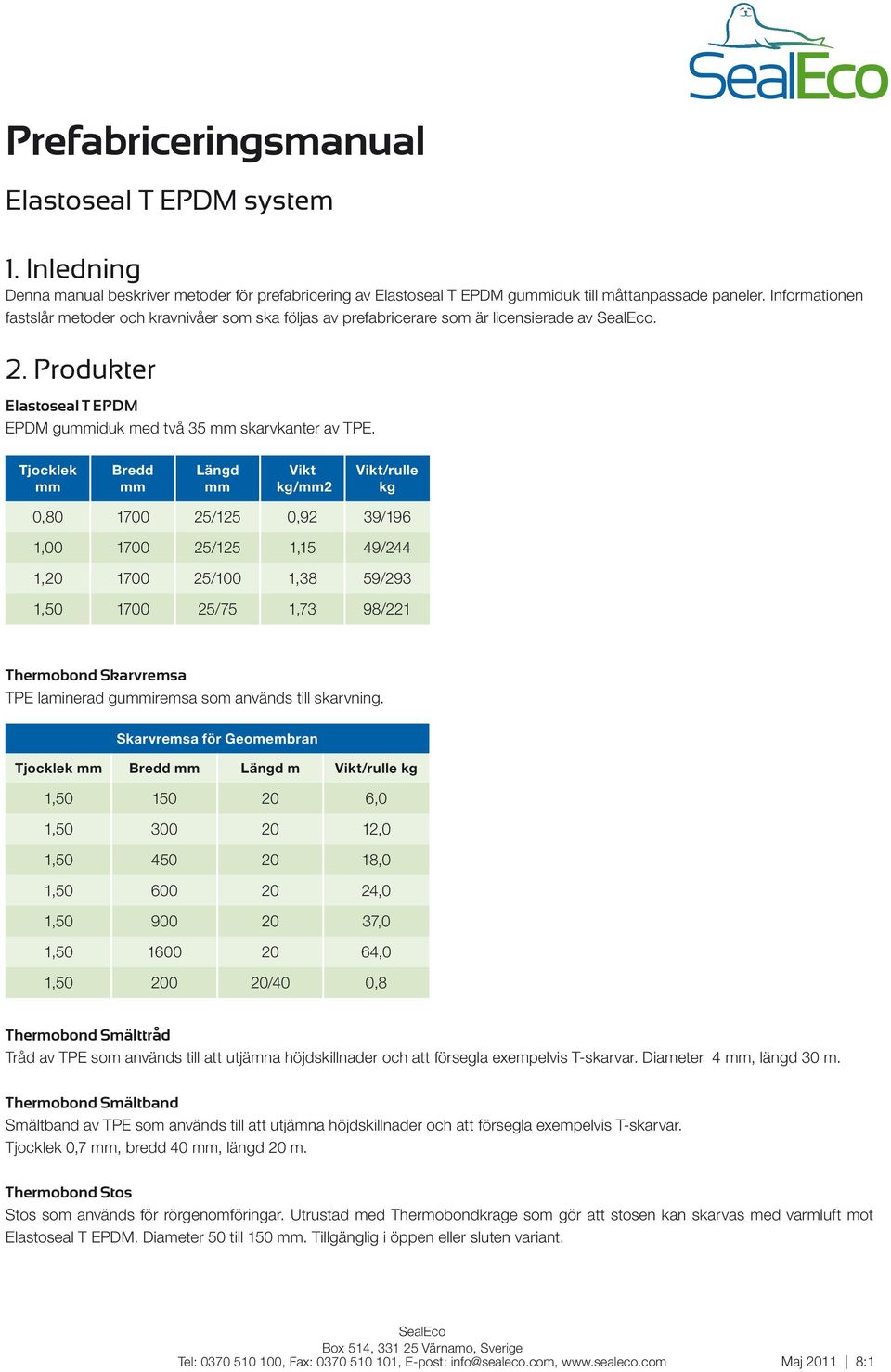 Tjocklek mm Bredd mm Längd mm Vikt kg/mm2 Vikt/rulle kg 0,80 1700 25/125 0,92 39/196 1,00 1700 25/125 1,15 49/244 1,20 1700 25/100 1,38 59/293 1,50 1700 25/75 1,73 98/221 Thermobond Skarvremsa TPE