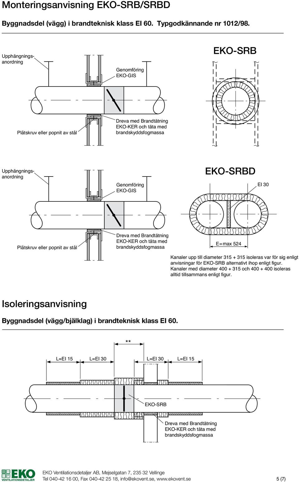 Dreva med Brandtätning E=max 524 Kanaler upp till diameter 315 + 315 isoleras var för sig enligt anvisningar för EKO-SRB alternativt ihop enligt figur.