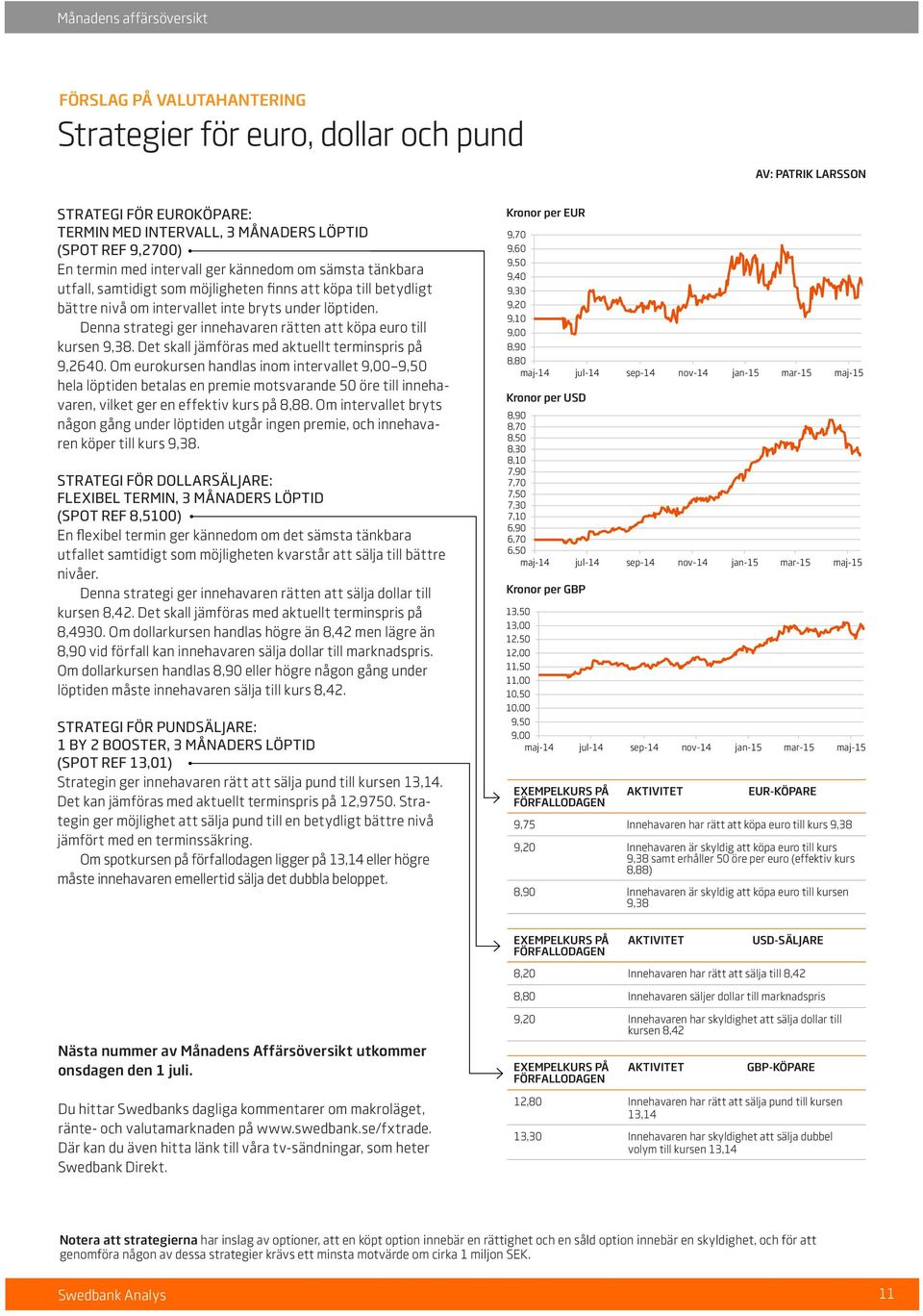 Denna strategi ger innehavaren rätten att köpa euro till kursen 9,38. Det skall jämföras med aktuellt terminspris på 9,2640.