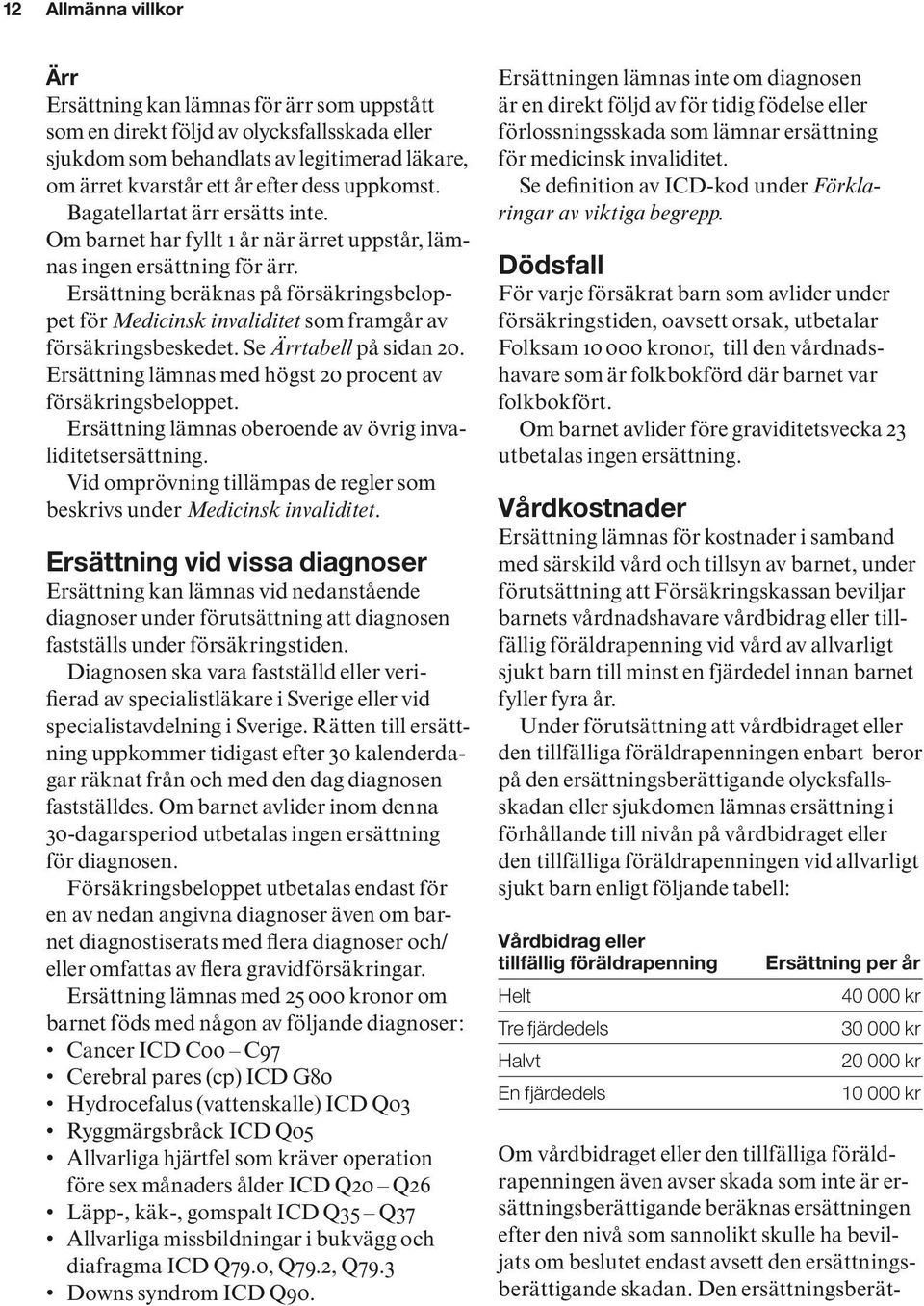 Ersättning beräknas på försäkringsbeloppet för Medicinsk invaliditet som framgår av försäkringsbeskedet. Se Ärrtabell på sidan 20. Ersättning lämnas med högst 20 procent av försäkringsbeloppet.