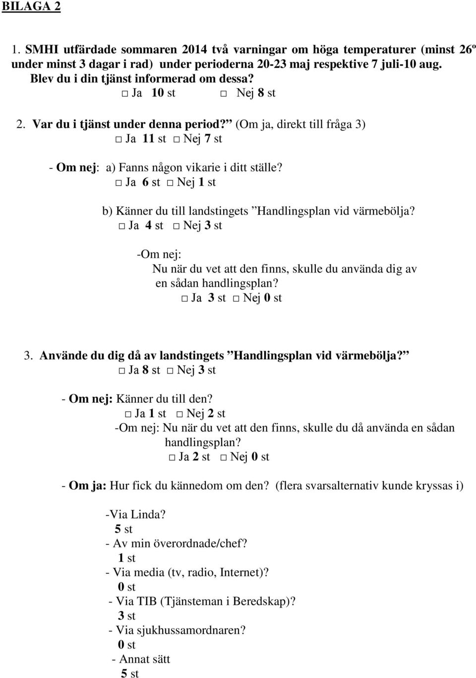 Ja 6 st Nej 1 st b) Känner du till landstingets Handlingsplan vid värmebölja? Ja 4 st Nej 3 st -Om nej: Nu när du vet att den finns, skulle du använda dig av en sådan handlingsplan?