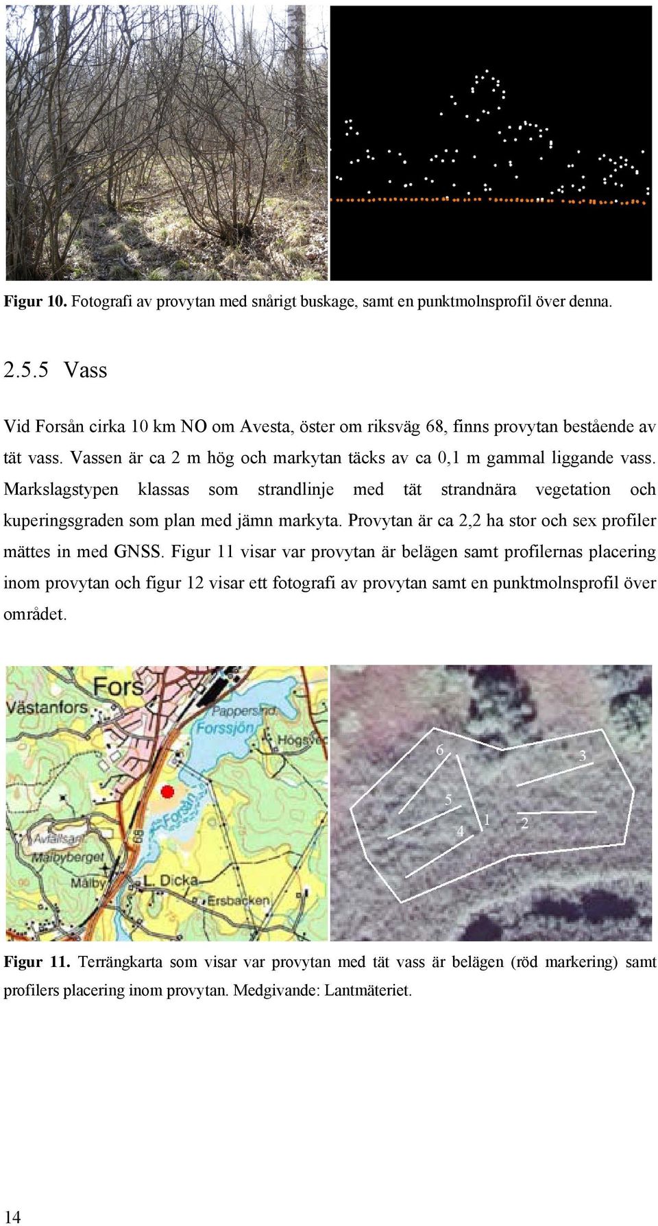 Markslagstypen klassas som strandlinje med tät strandnära vegetation och kuperingsgraden som plan med jämn markyta. Provytan är ca 2,2 ha stor och sex profiler mättes in med GNSS.