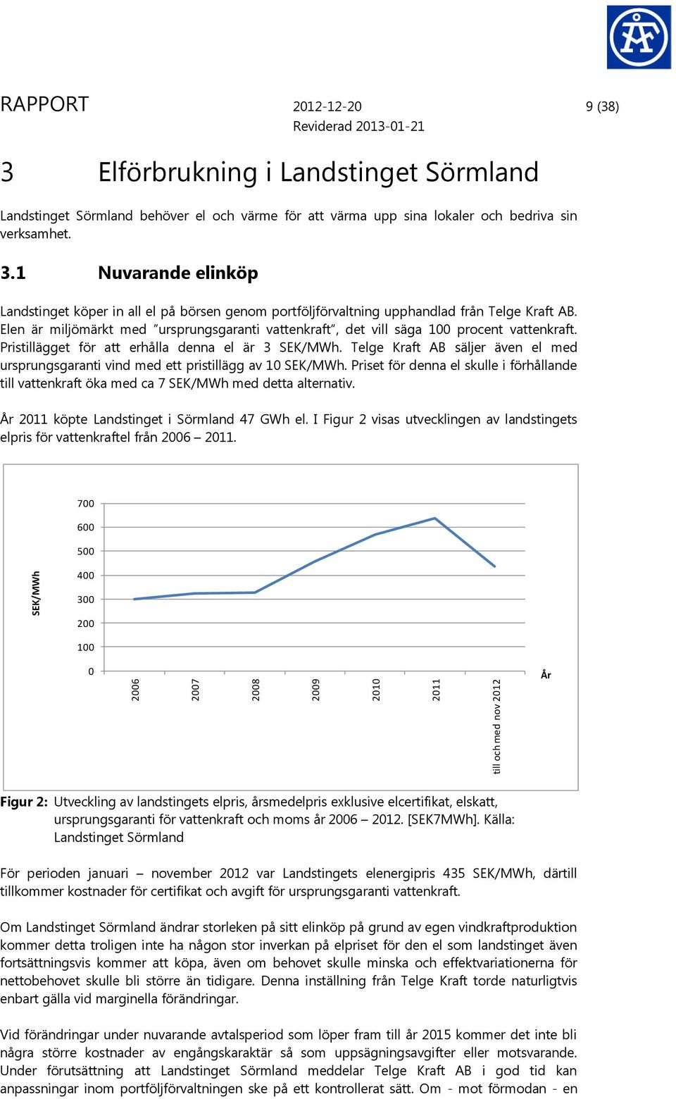 Elen är miljömärkt med ursprungsgaranti vattenkraft, det vill säga 100 procent vattenkraft. Pristillägget för att erhålla denna el är 3 SEK/MWh.