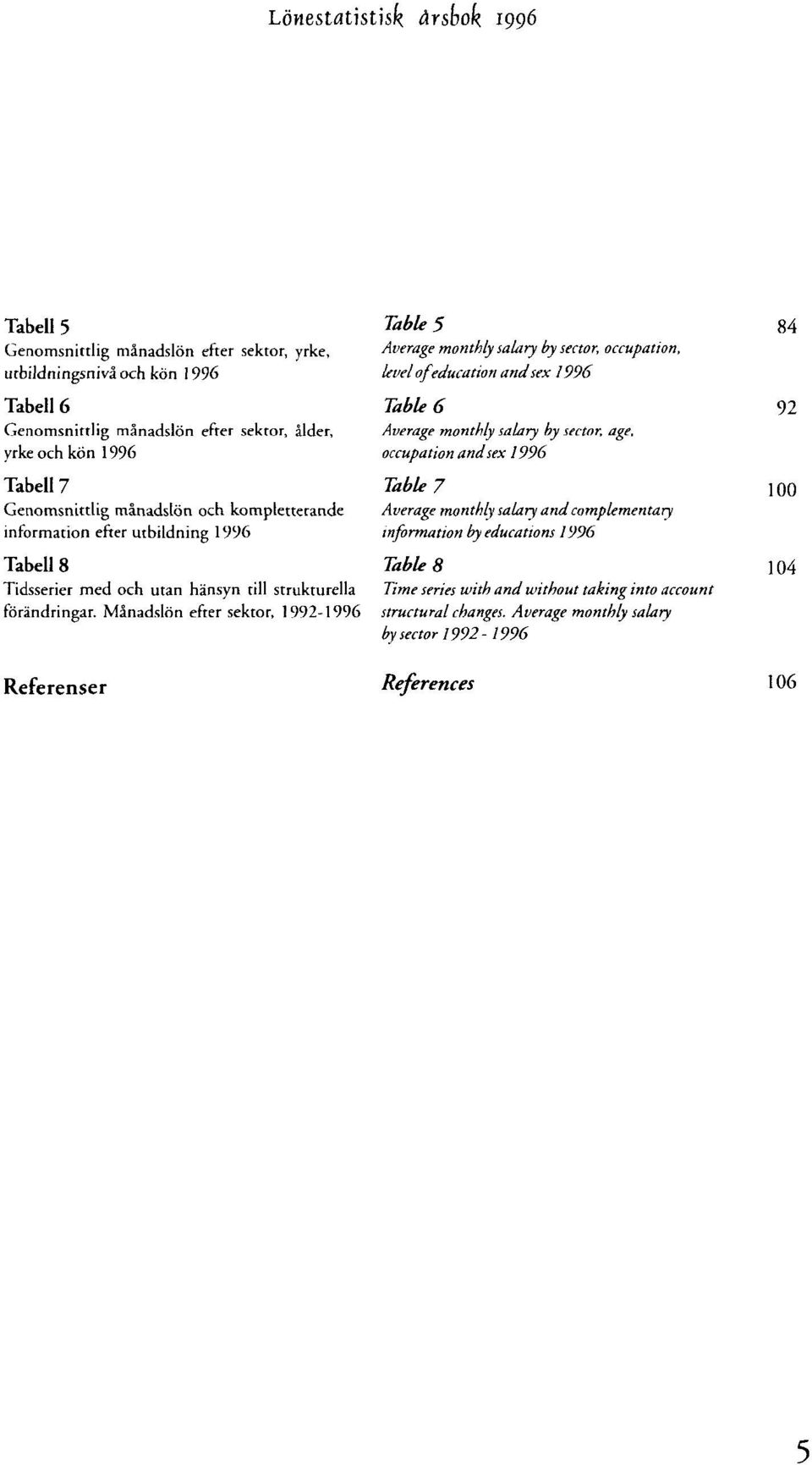 Månadslön efter sektor, 1992-1996 Referenser Table 5 Average monthly salary by sector, occupation, level of education and sex 1996 84 Table 6 Average monthly salary by sector, age, occupation