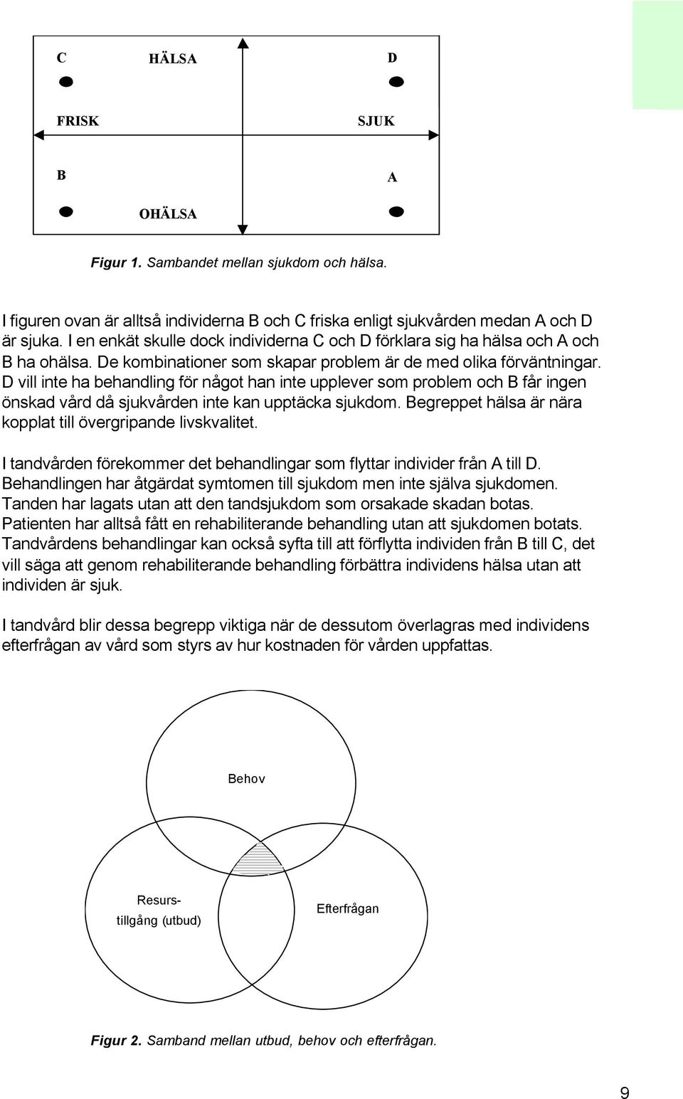 D vill inte ha behandling för något han inte upplever som problem och B får ingen önskad vård då sjukvården inte kan upptäcka sjukdom. Begreppet hälsa är nära kopplat till övergripande livskvalitet.