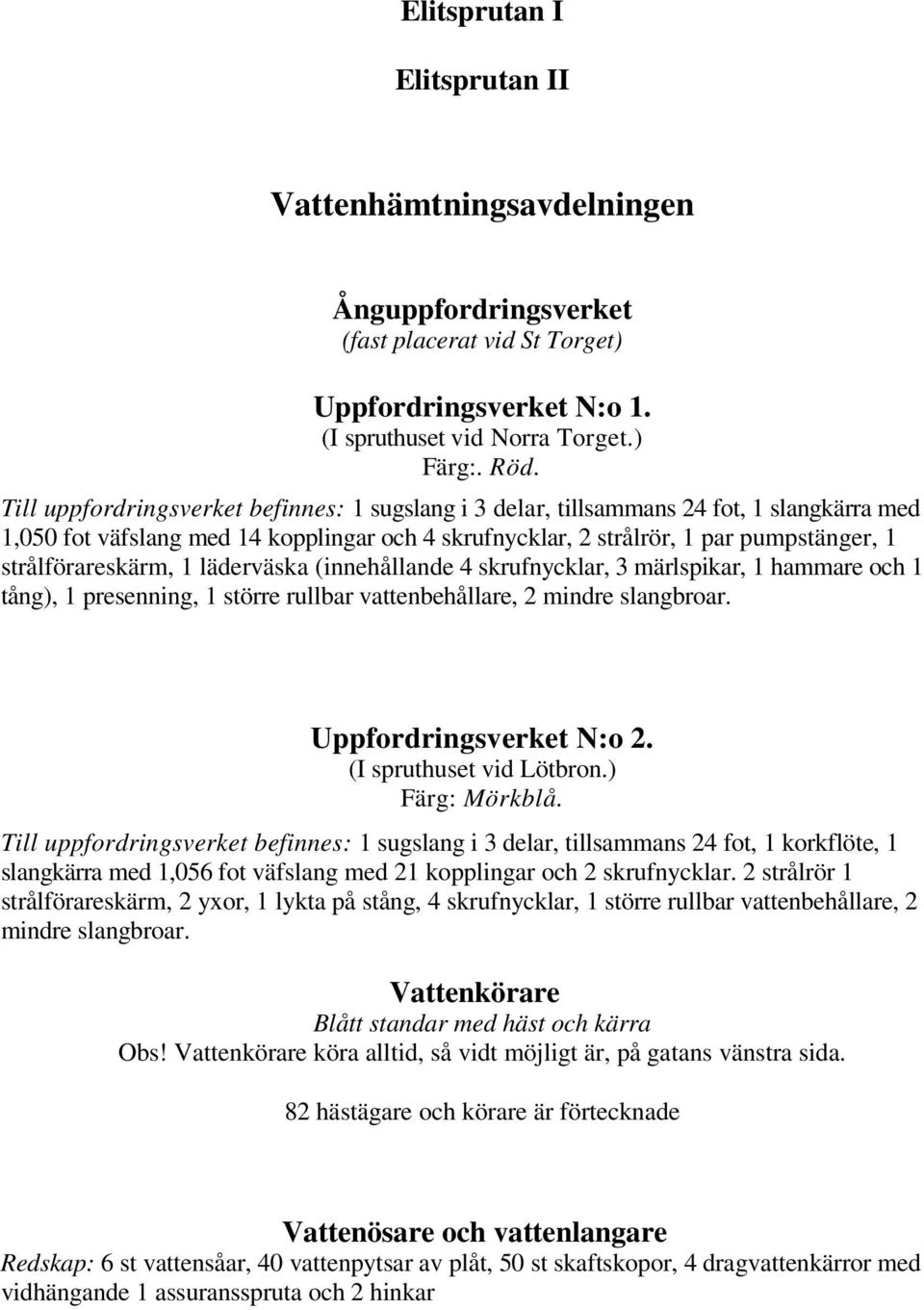 strålförareskärm, 1 läderväska (innehållande 4 skrufnycklar, 3 märlspikar, 1 hammare och 1 tång), 1 presenning, 1 större rullbar vattenbehållare, 2 mindre slangbroar. Uppfordringsverket N:o 2.