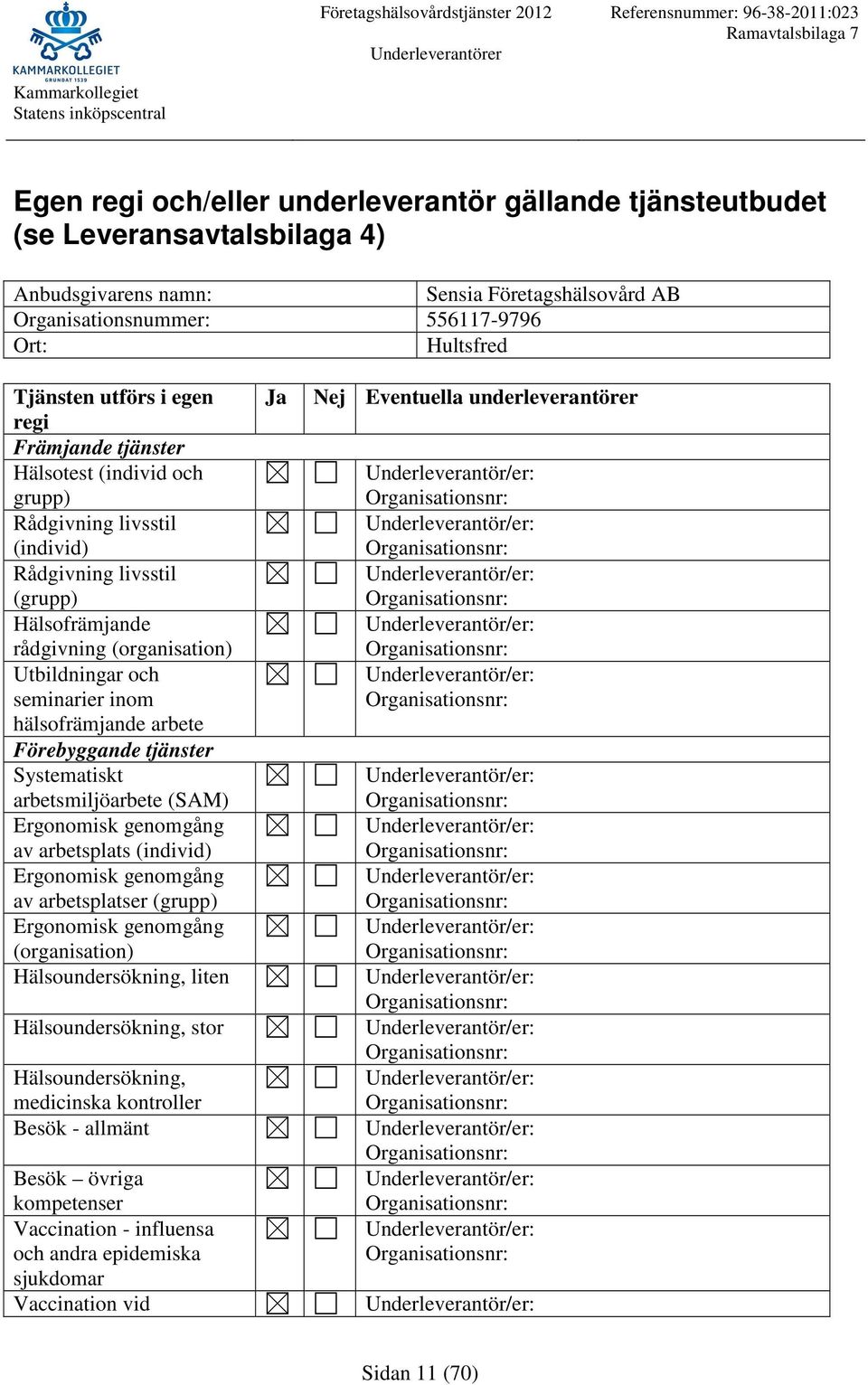 Förebyggande tjänster Systematiskt arbetsmiljöarbete (SAM) av arbetsplats (individ) av arbetsplatser (grupp) (organisation) Hälsoundersökning, liten Hälsoundersökning, stor