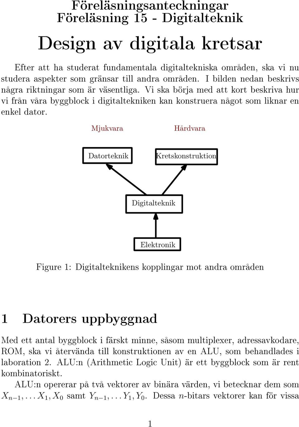 Mjukvara Hårdvara Datorteknik Kretskonstruktion Digitalteknik Elektronik Figure 1: Digitalteknikens kopplingar mot andra områden 1 Datorers uppbyggnad Med ett antal byggblock i färskt minne, såsom