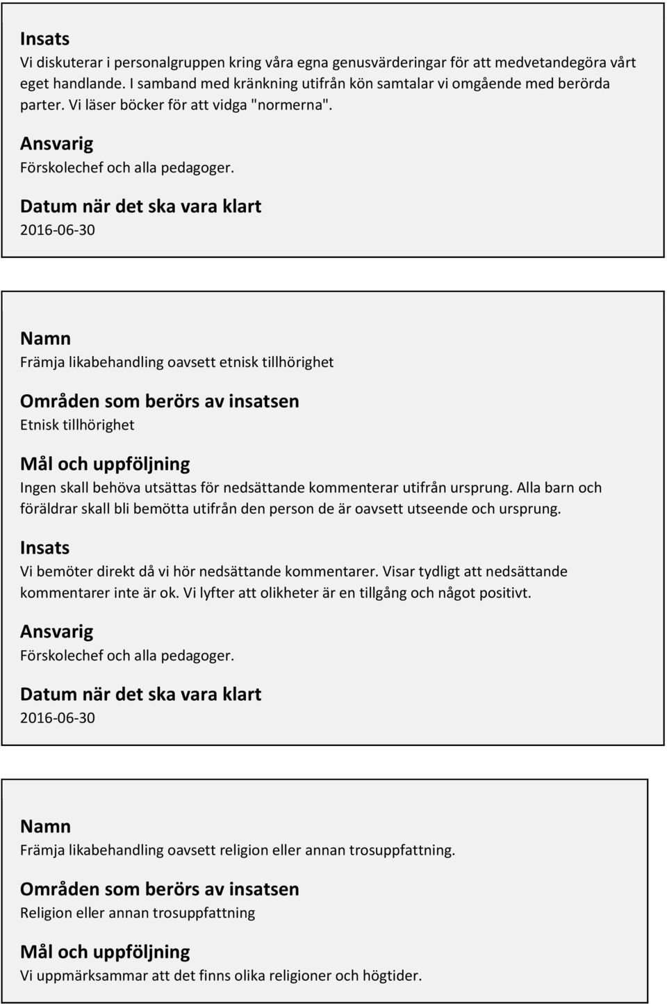 Främja likabehandling oavsett etnisk tillhörighet Områden som berörs av insatsen Etnisk tillhörighet Ingen skall behöva utsättas för nedsättande kommenterar utifrån ursprung.