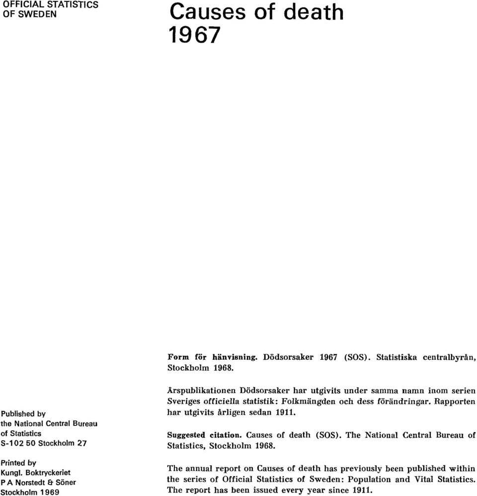 Boktryckeriet PA Norstedt & Söner Stockholm 1969 Årspublikationen Dödsorsaker har utgivits under samma namn inom serien Sveriges officiella statistik: Folkmängden och dess förändringar.