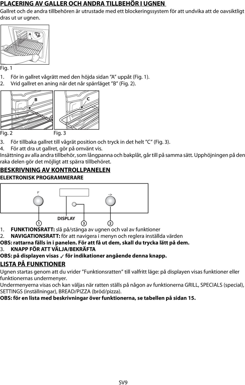 För tillbaka gallret till vågrät position och tryck in det helt C (Fig. 3). 4. För att dra ut gallret, gör på omvänt vis.
