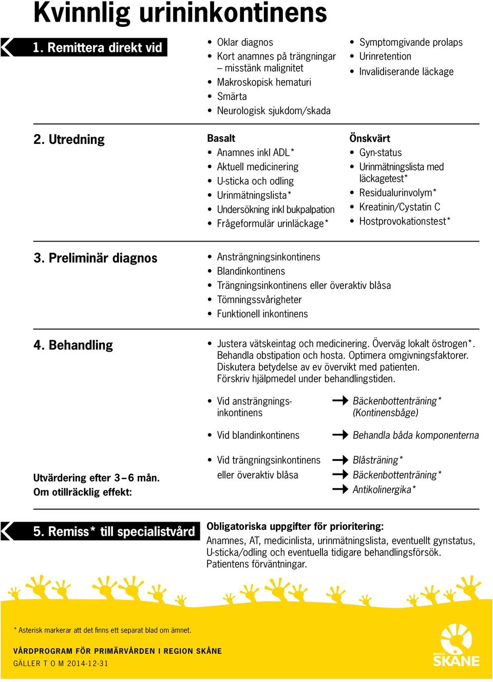 2. Utredning Basalt Anamnes inkl ADL* Aktuell medicinering U-sticka och odling Urinmätningslista* Undersökning inkl bukpalpation Frågeformulär urinläckage* Önskvärt Gyn-status Urinmätningslista med