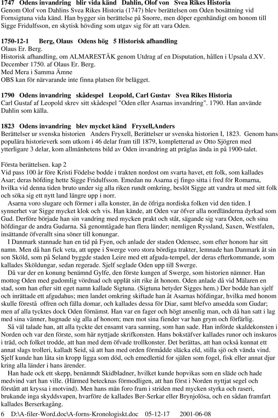 1750-12-1 Berg, Olaus Odens hög 5 Historisk afhandling Olaus Er. Berg. Historisk afhandling, om ALMARESTÄK genom Utdrag af en Disputation, hållen i Upsala d.xv. December 1750. af Olaus Er. Berg. Med Mera i Samma Ämne OBS kan för närvarande inte finna platsen för belägget.