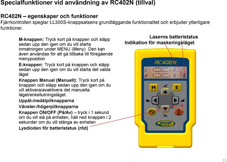 Den kan även användas för att gå tillbaka till föregående menyposition E-knappen: Tryck kort på knappen och släpp sedan upp den igen om du vill starta det valda läget Knappen Manual (Manuell): Tryck