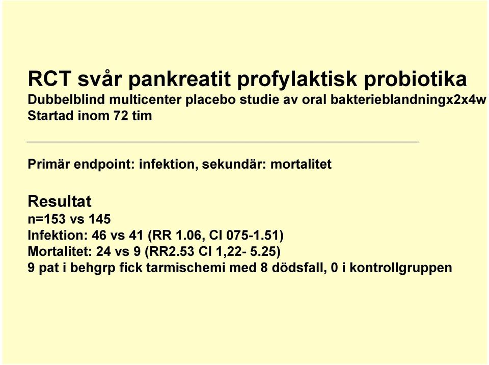 mortalitet Resultat n=153 vs 145 Infektion: 46 vs 41 (RR 1.06, CI 075-1.