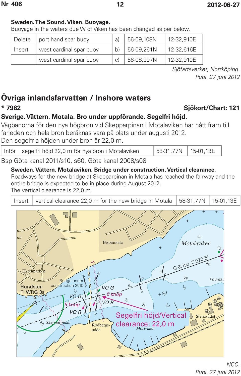 Övriga inlandsfarvatten / Inshore waters * 7982 Sjökort/Chart: 121 Sverige. Vättern. Motala. Bro under uppförande. Segelfri höjd.
