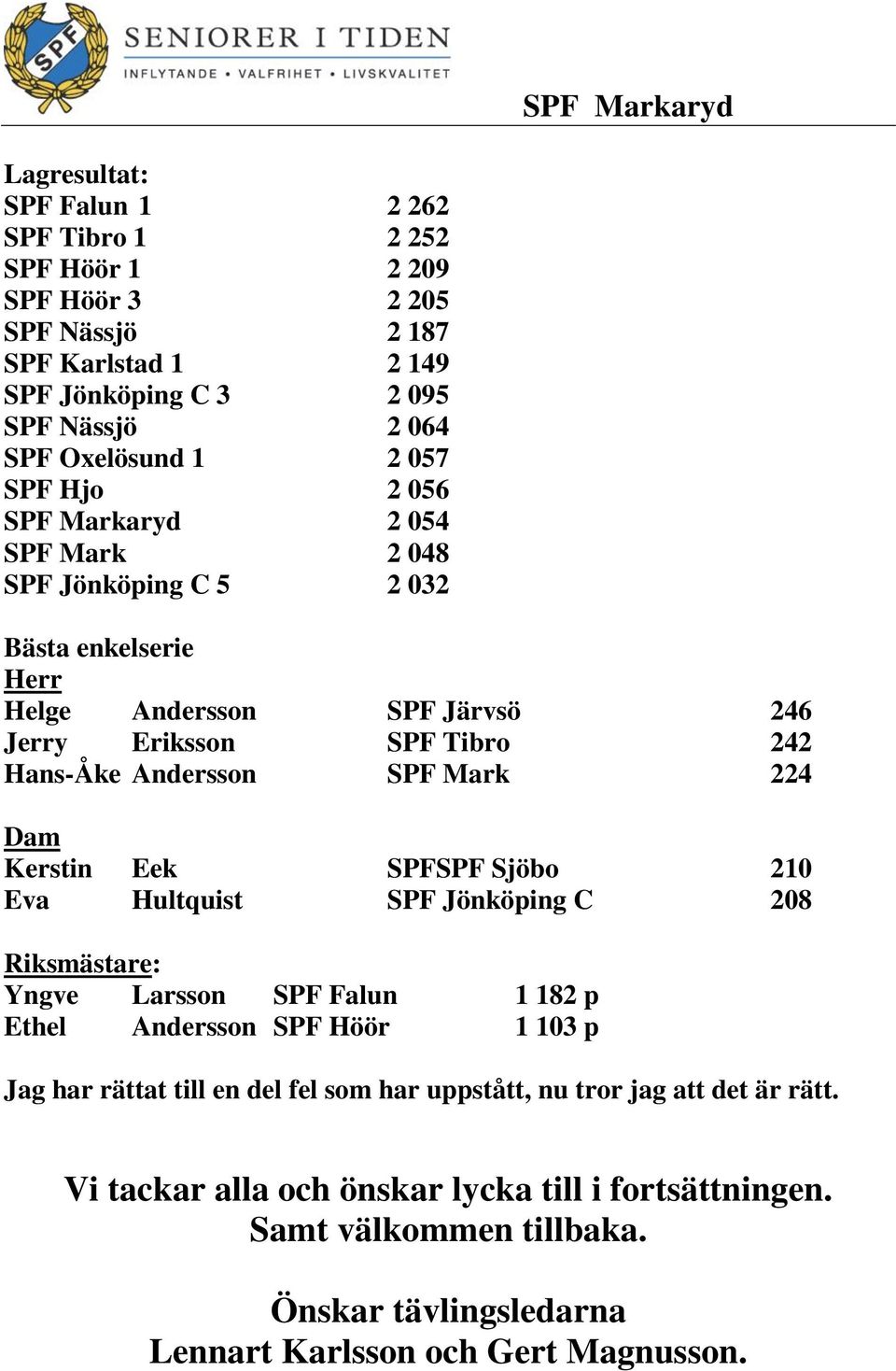 Mark 224 Dam Kerstin Eek SPFSPF Sjöbo 210 Eva Hultquist SPF Jönköping C 208 Riksmästare: Yngve Larsson SPF Falun 1 182 p Ethel Andersson SPF Höör 1 103 p Jag har rättat till en del