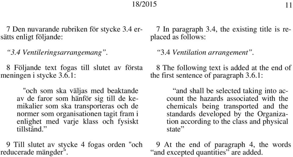 9 Till slutet av stycke 4 fogas orden "och reducerade mängder". 7 In paragraph 3.4, the existing title is replaced as follows: 3.4 Ventilation arrangement.