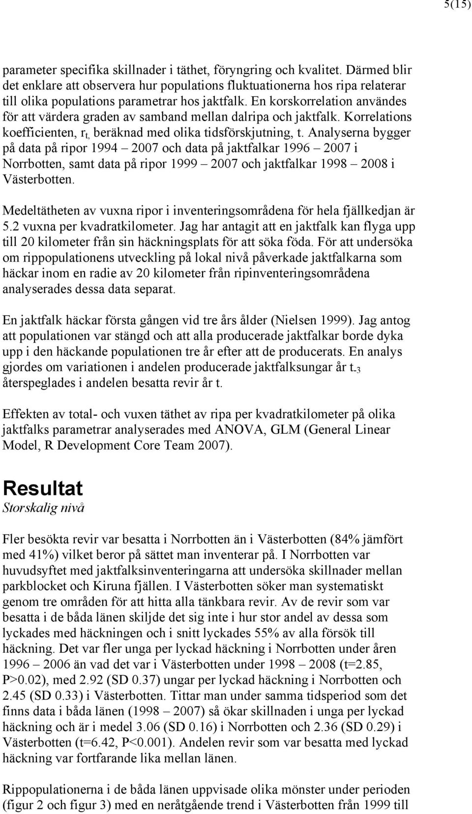 En korskorrelation användes för att värdera graden av samband mellan dalripa och jaktfalk. Korrelations koefficienten, r t, beräknad med olika tidsförskjutning, t.