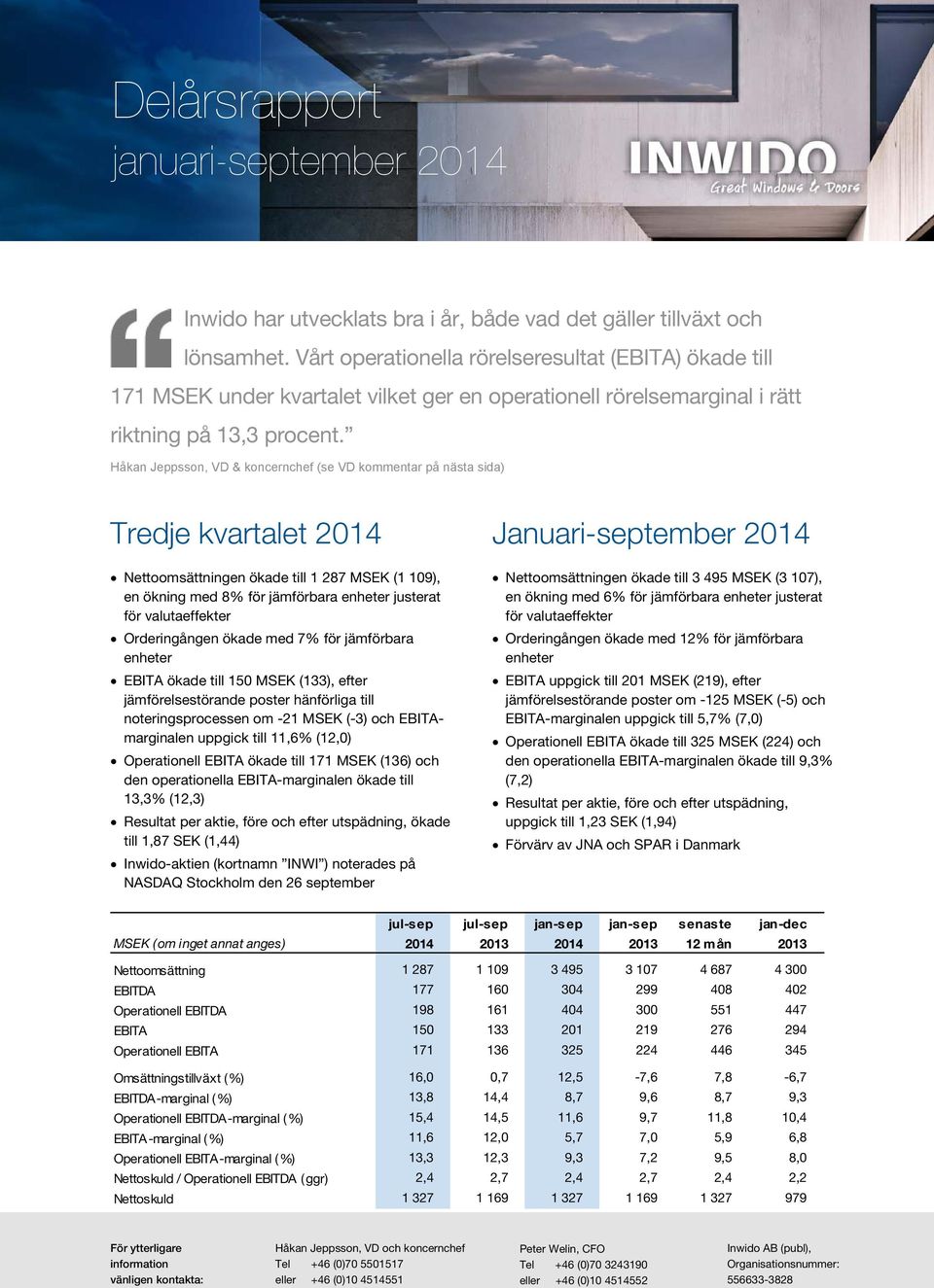 Vårt operationella rörelseresultat (EBITA) ökade till 171 under kvartalet vilket ger en operationell rörelsemarginal i rätt riktning på 13,3 procent.