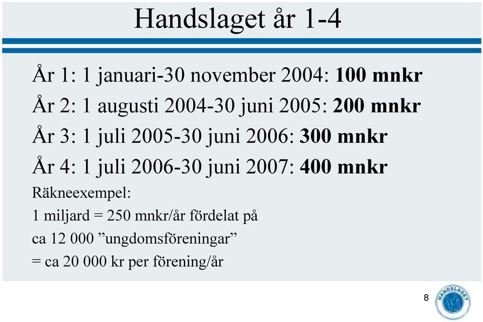 mnkr År 4: 1 juli 2006-30 juni 2007: 400 mnkr Räkneexempel: 1 miljard =