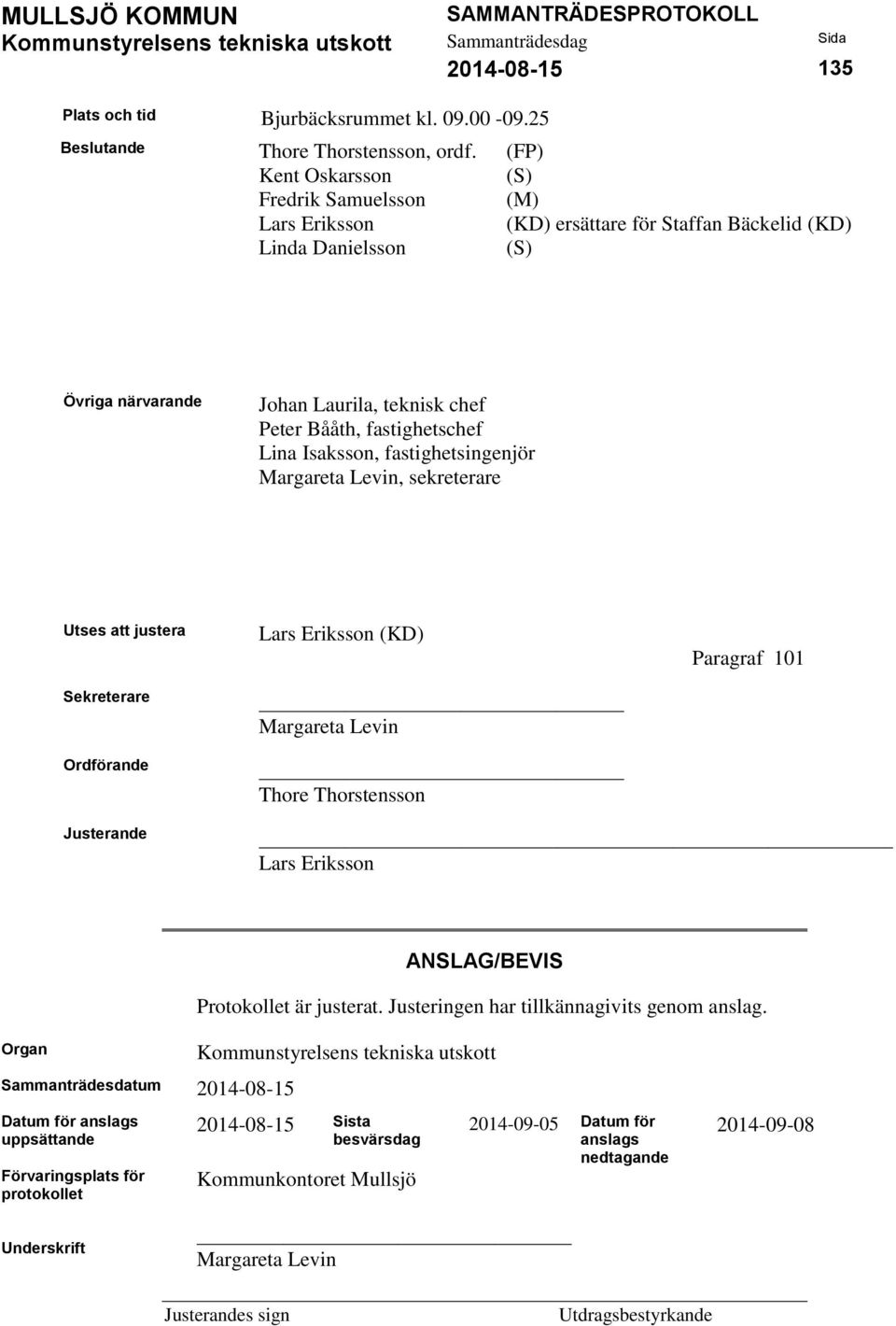 Lina Isaksson, fastighetsingenjör Margareta Levin, sekreterare Utses att justera Sekreterare Ordförande Lars Eriksson (KD) Margareta Levin Thore Thorstensson Paragraf 101 Justerande Lars Eriksson