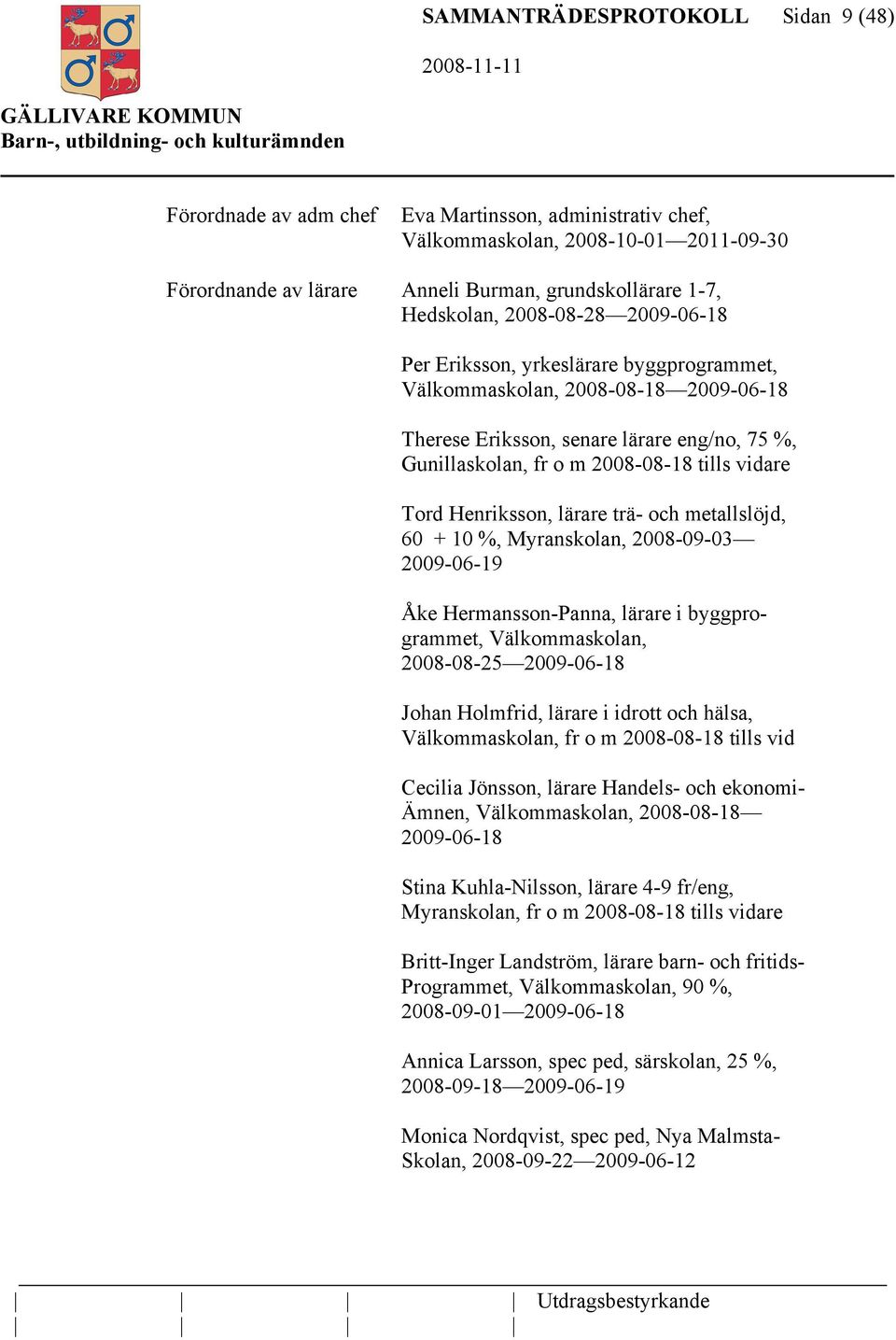 vidare Tord Henriksson, lärare trä- och metallslöjd, 60 + 10 %, Myranskolan, 2008-09-03 2009-06-19 Åke Hermansson-Panna, lärare i byggprogrammet, Välkommaskolan, 2008-08-25 2009-06-18 Johan Holmfrid,