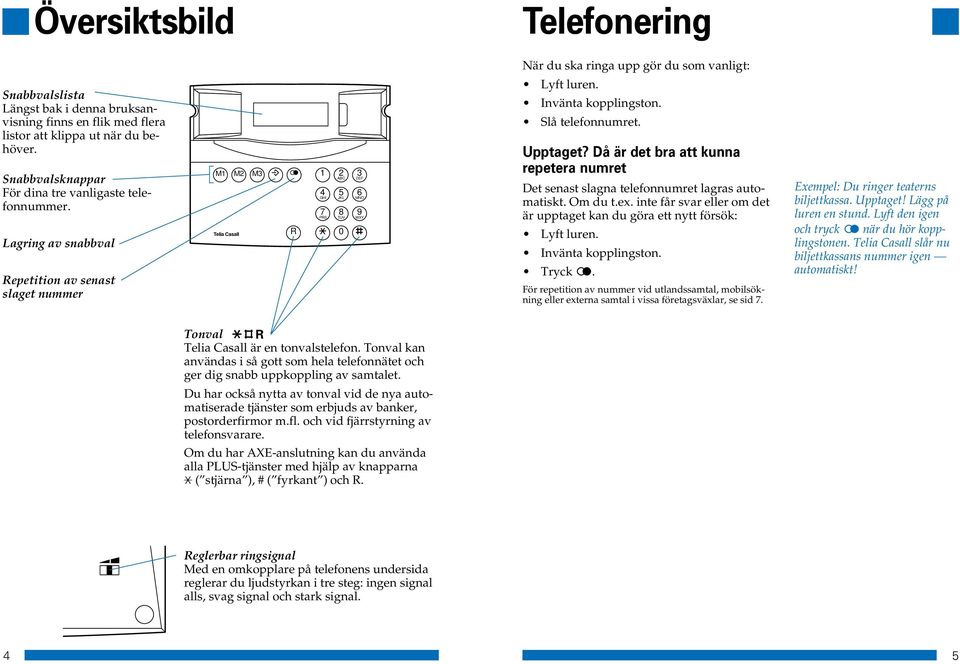 Lagring av snabbval Repetition av senast slaget nummer M1 M2 M3 Telia Casall R 0 1 GHI 7 PRS 2 ABC JKL 8 TUV 3 DEF 6 MNO 9 WXY Invänta kopplingston. Slå telefonnumret. Upptaget?