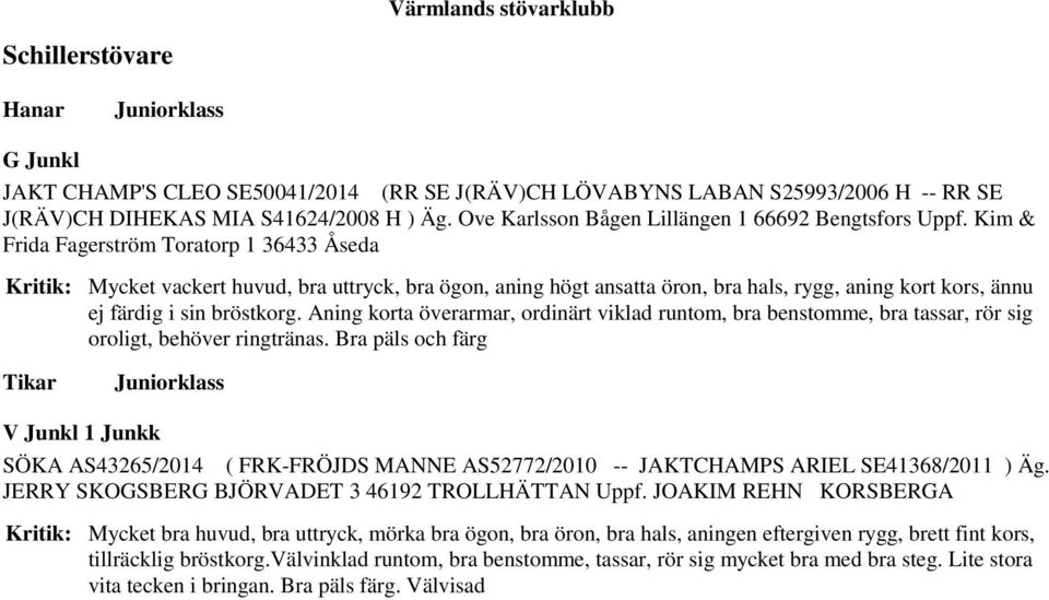 Kim & Frida Fagerström Toratorp 1 36433 Åseda Kritik: Mycket vackert huvud, bra uttryck, bra ögon, aning högt ansatta öron, bra hals, rygg, aning kort kors, ännu ej färdig i sin bröstkorg.