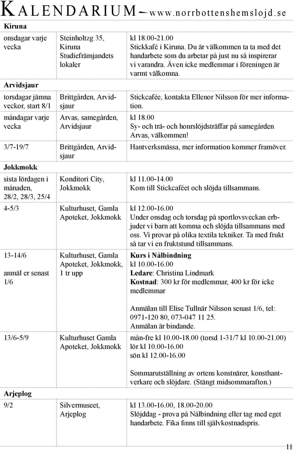 3/7-19/7 Brittgården, Arvidsjaur Jokkmokk sista lördagen i månaden, 28/2, 28/3, 25/4 Konditori City, Jokkmokk 4-5/3 Kulturhuset, Gamla Apoteket, Jokkmokk 13-14/6 anmäl er senast 1/6 Kulturhuset,