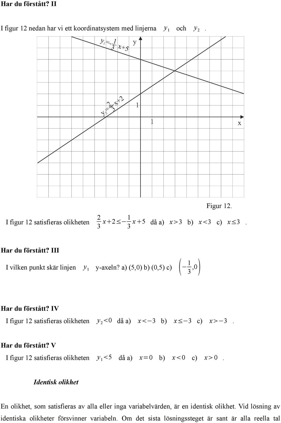 IV I figur satisfieras olikheten y 0 då a) x 3 b) x 3 c) x 3. Har du förstått? V I figur satisfieras olikheten y 5 då a) x=0 b) x 0 c) x 0.