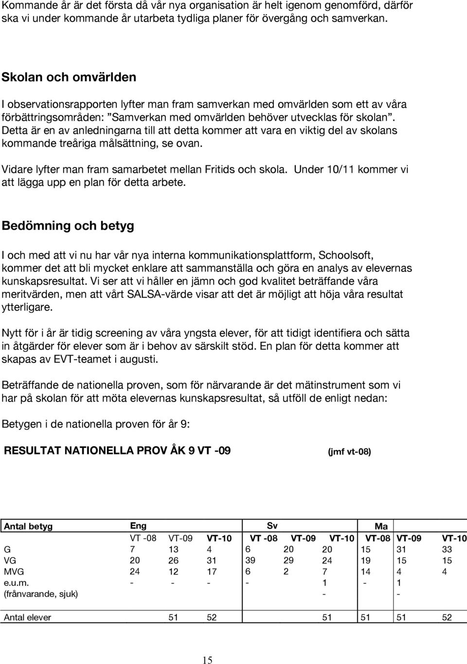 Detta är en av anledningarna till att detta kommer att vara en viktig del av skolans kommande treåriga målsättning, se ovan. Vidare lyfter man fram samarbetet mellan Fritids och skola.