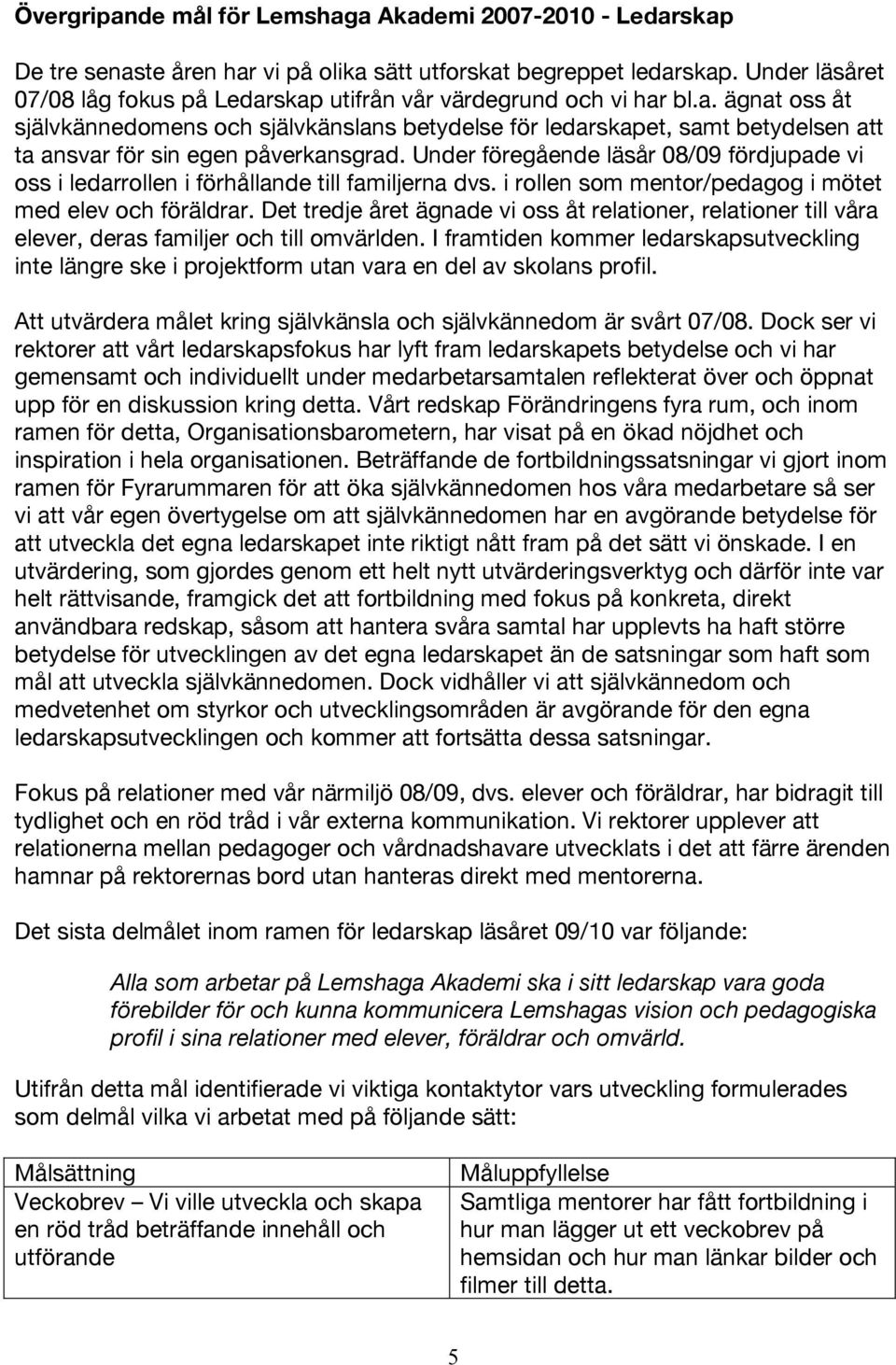 Under föregående läsår 08/09 fördjupade vi oss i ledarrollen i förhållande till familjerna dvs. i rollen som mentor/pedagog i mötet med elev och föräldrar.