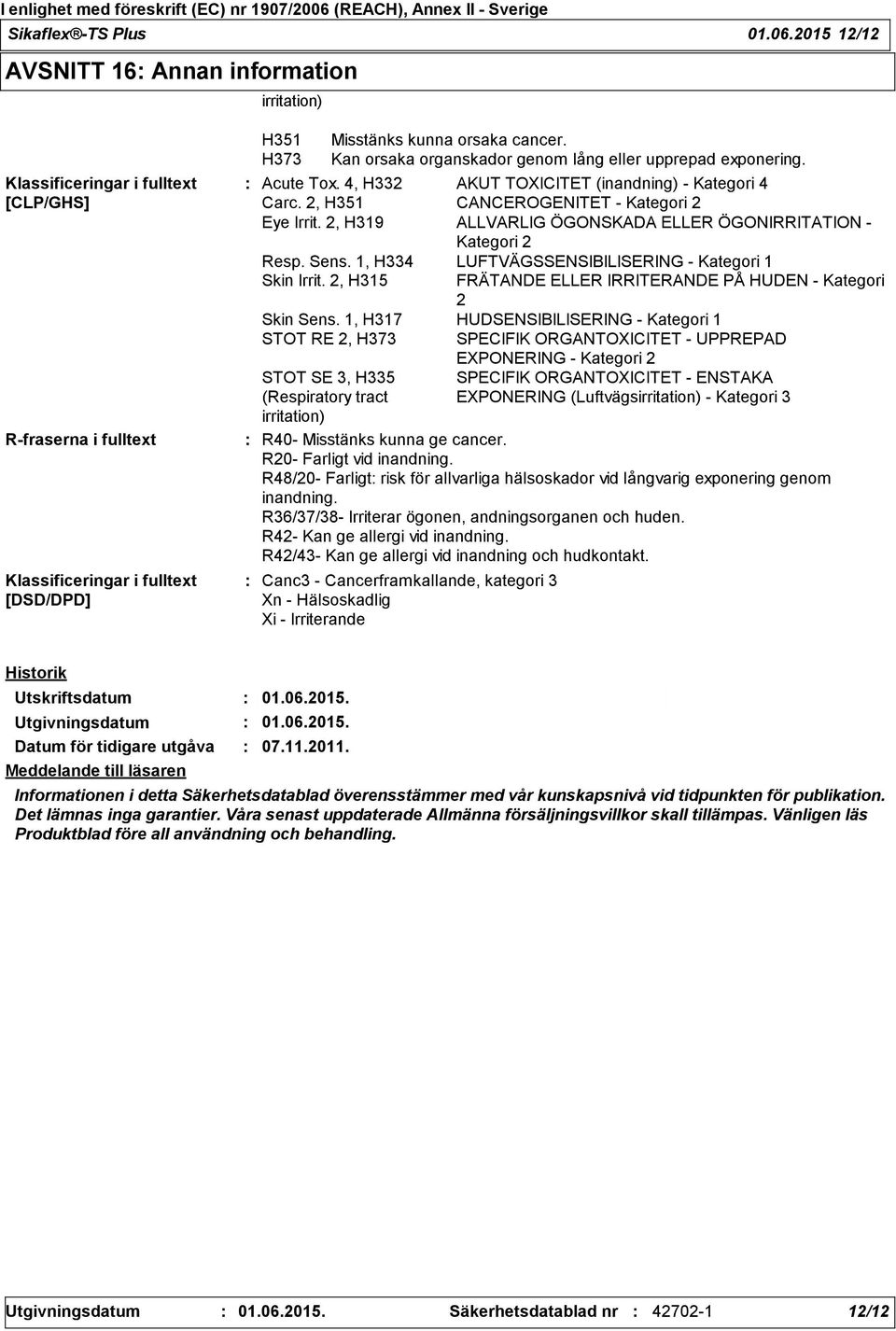 Kan orsaka organskador genom lång eller upprepad exponering. Acute Tox. 4, H332 AKUT TOXICITET (inandning) - Kategori 4 Carc. 2, H351 CANCEROGENITET - Kategori 2 Eye Irrit.