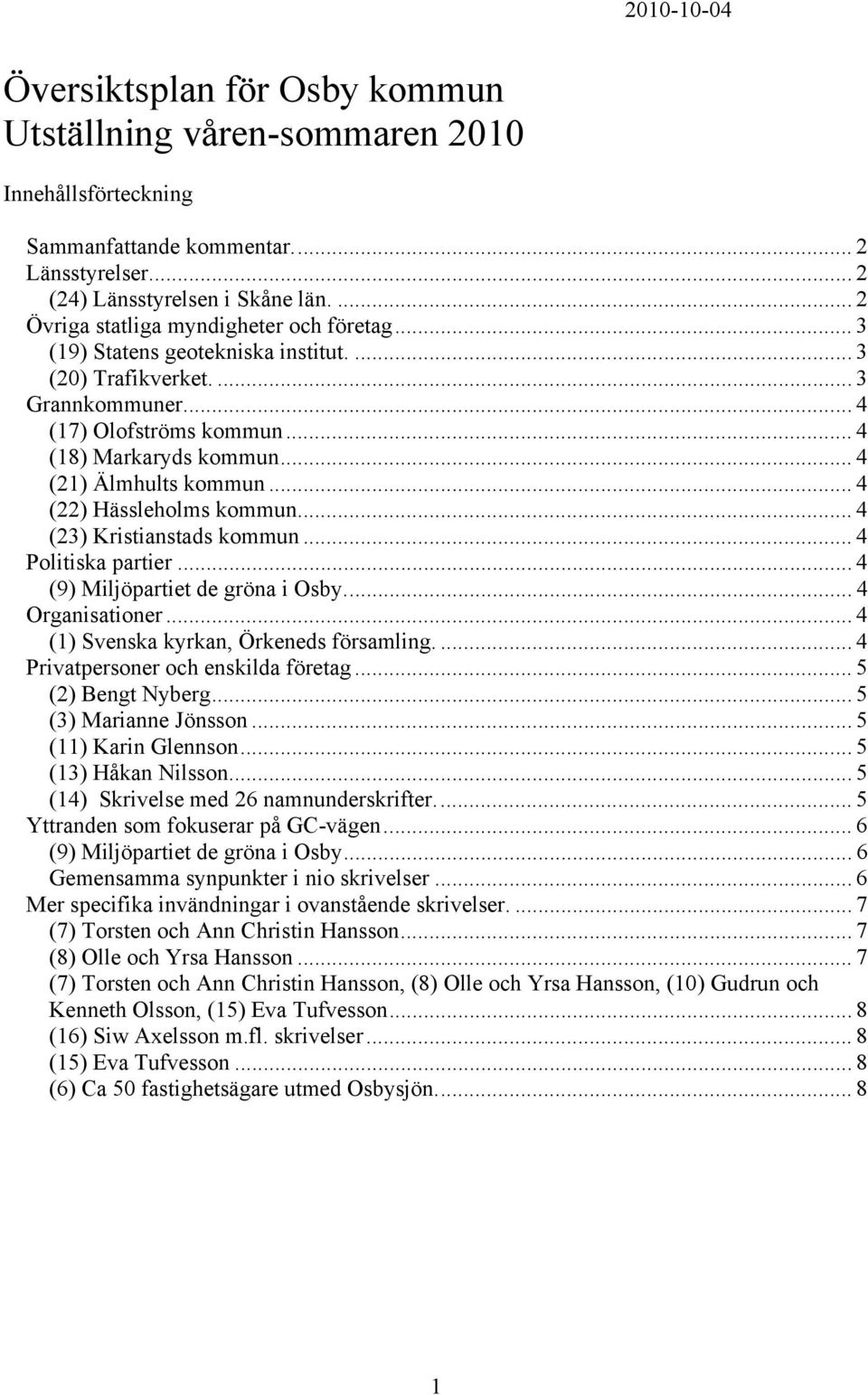 .. 4 (21) Älmhults kommun... 4 (22) Hässleholms kommun... 4 (23) Kristianstads kommun... 4 Politiska partier... 4 (9) Miljöpartiet de gröna i Osby... 4 Organisationer.