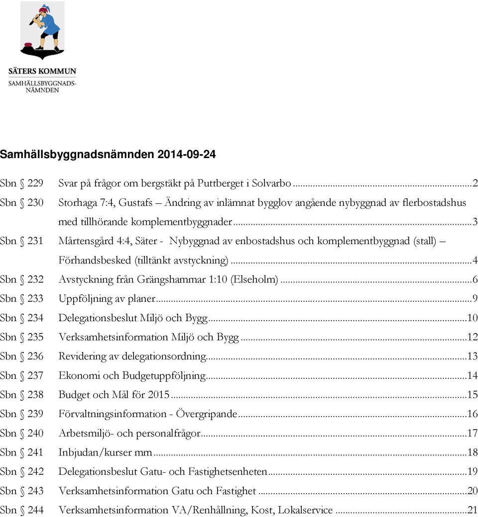 .. 3 Sbn 231 Mårtensgård 4:4, Säter - Nybyggnad av enbostadshus och komplementbyggnad (stall) Förhandsbesked (tilltänkt avstyckning)... 4 Sbn 232 Avstyckning från Grängshammar 1:10 (Elseholm).