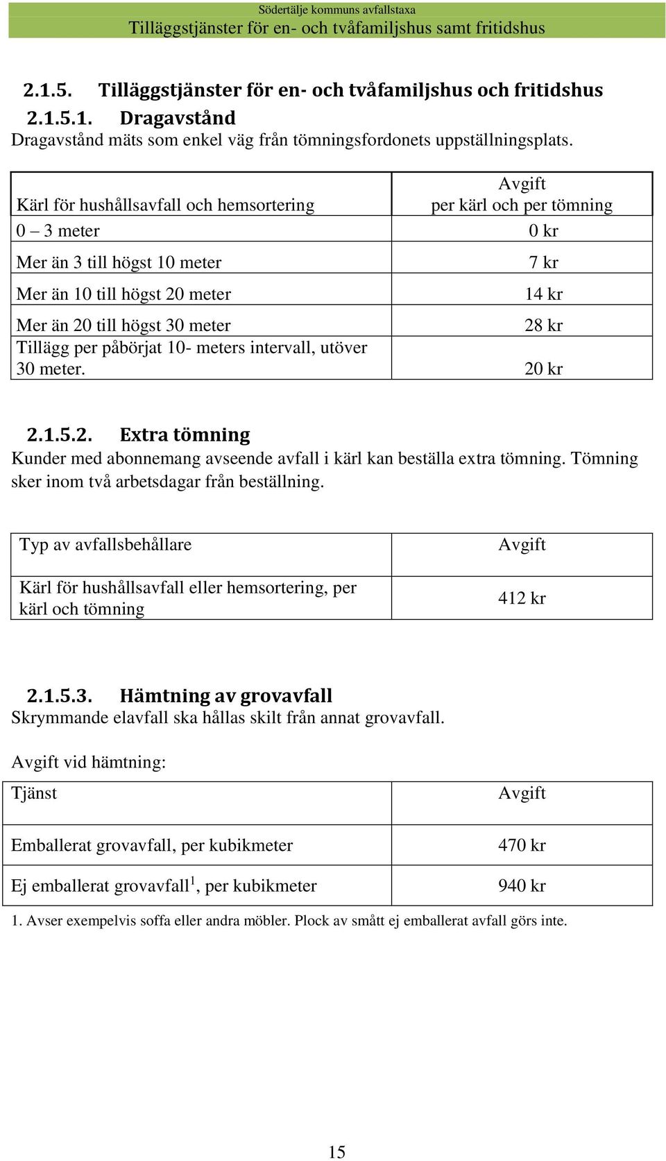 påbörjat 10- meters intervall, utöver 30 meter. 20 kr 2.1.5.2. Extra tömning Kunder med abonnemang avseende avfall i kärl kan beställa extra tömning. sker inom två arbetsdagar från beställning.