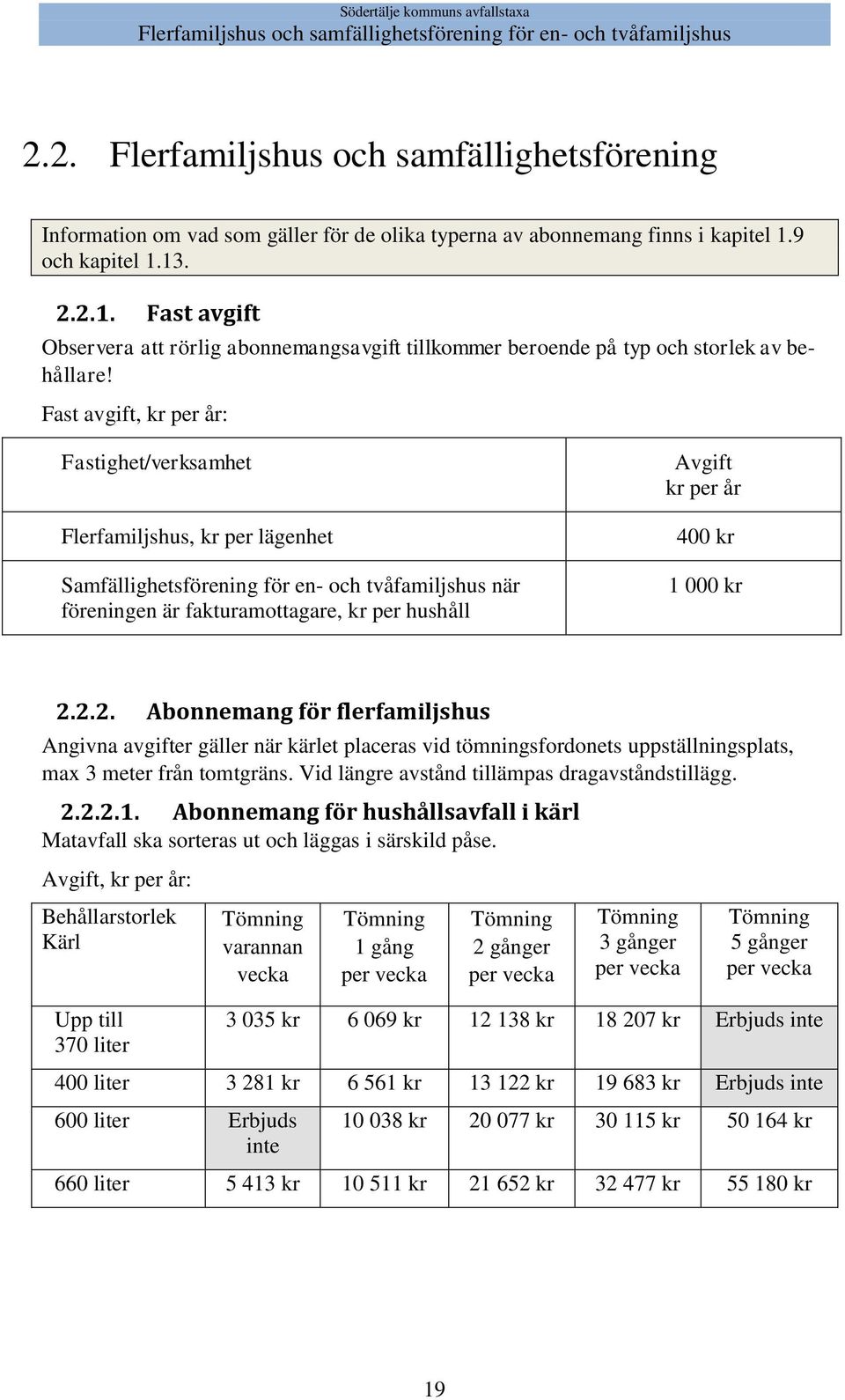 Fast avgift, kr per år: Fastighet/verksamhet Flerfamiljshus, kr per lägenhet Samfällighetsförening för en- och tvåfamiljshus när föreningen är fakturamottagare, kr per hushåll kr per år 400 kr 1 000