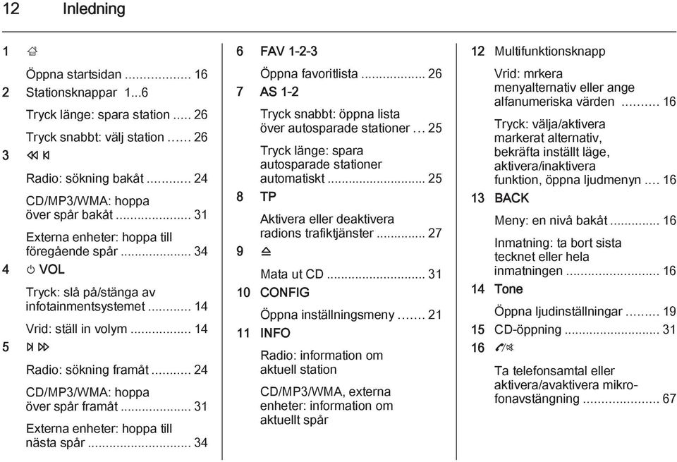 .. 24 CD/MP3/WMA: hoppa över spår framåt... 31 Externa enheter: hoppa till nästa spår... 34 6 FAV 1-2-3 Öppna favoritlista... 26 7 AS 1-2 Tryck snabbt: öppna lista över autosparade stationer.