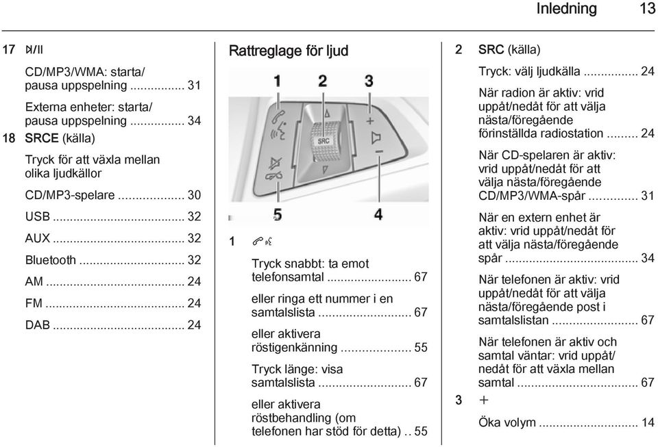 .. 67 eller aktivera röstigenkänning... 55 Tryck länge: visa samtalslista... 67 eller aktivera röstbehandling (om telefonen har stöd för detta)..55 2 SRC (källa) Tryck: välj ljudkälla.