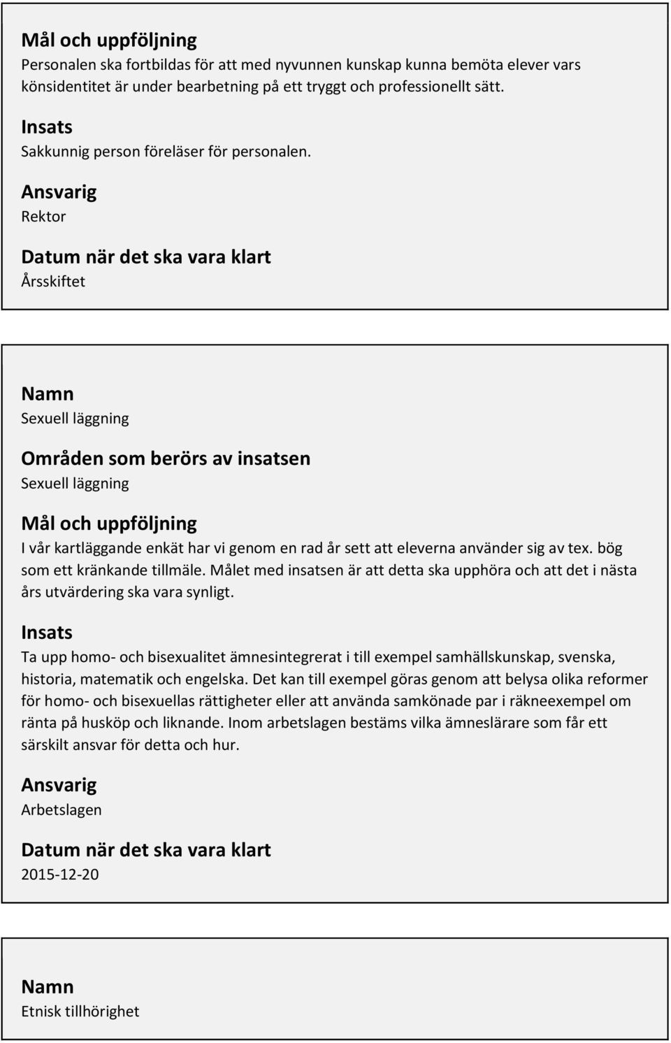 Rektor Årsskiftet Sexuell läggning Områden som berörs av insatsen Sexuell läggning I vår kartläggande enkät har vi genom en rad år sett att eleverna använder sig av tex.