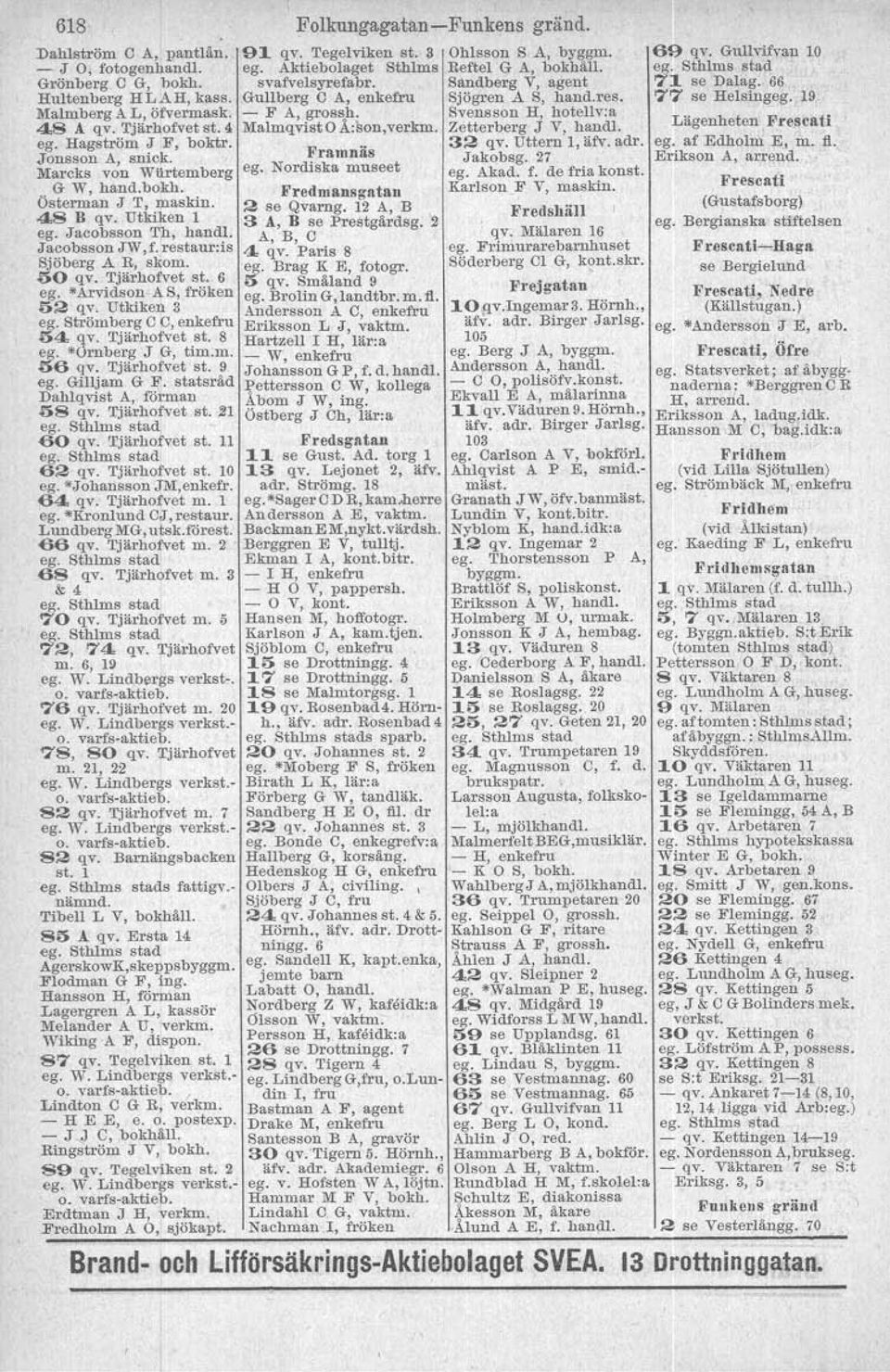 arvidson AS, fröken 52 qv. Utkiken 3 ego Strömberg C 0, enkefru 54 qv. Tjärhofvet st. 8 ego *Ornberg J G, tim.m. 56 qv. Tjärhofvet st. 9 ego Gilljam G F. statsråd Dahlqvist A, förman 58 qv.