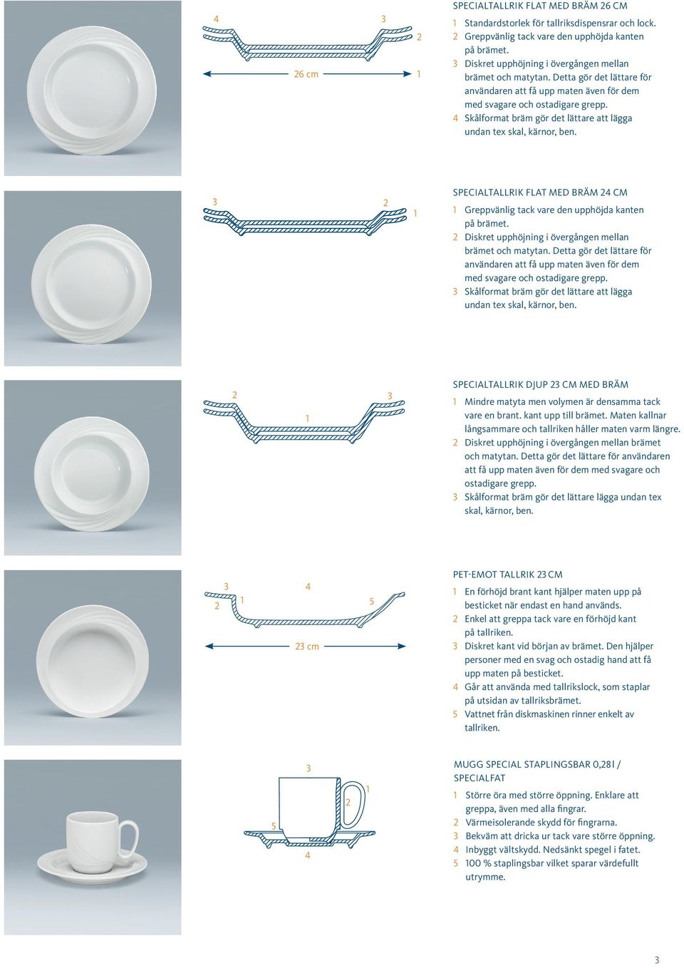 4 Skålformat bräm gör det lättare att lägga undan tex skal, kärnor, ben. 3 2 1 SPECIALTALLRIK FLAT MED BRÄM 24 CM 1 Greppvänlig tack vare den upphöjda kanten på brämet.