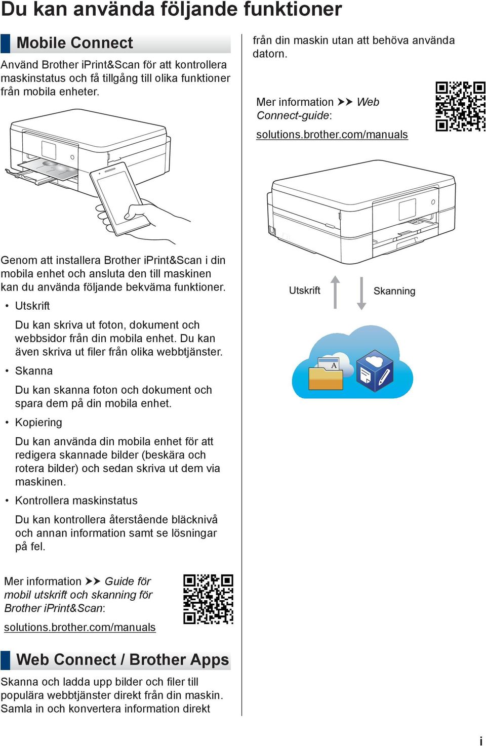 com/manuals Genom att installera Brother iprint&scan i din mobila enhet och ansluta den till maskinen kan du använda följande bekväma funktioner.