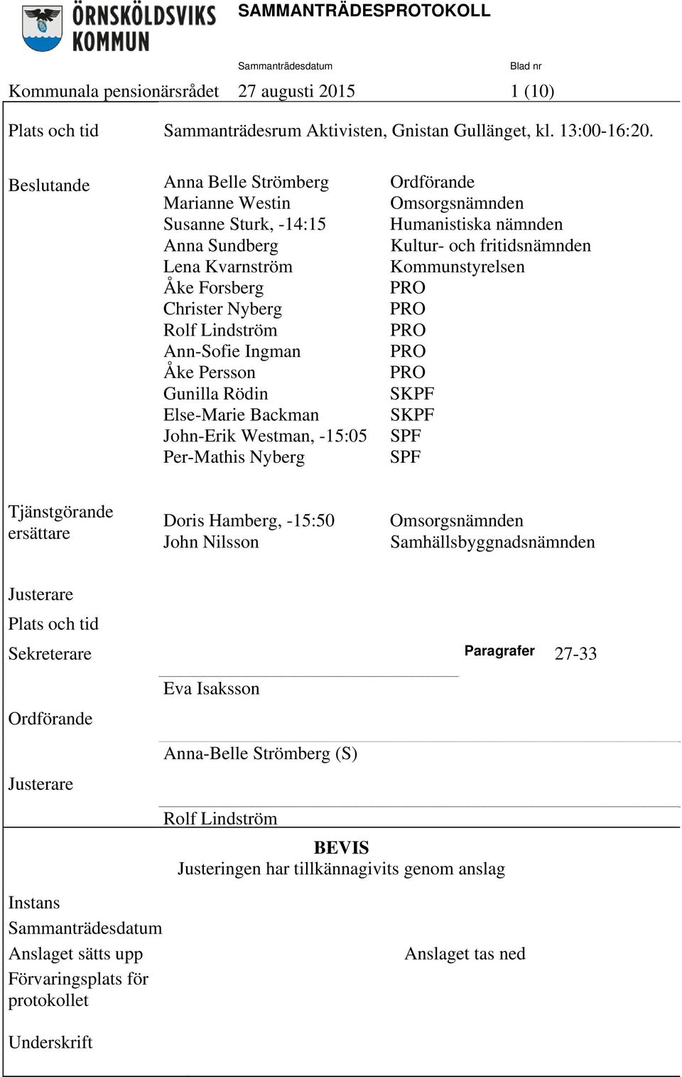 Backman John-Erik Westman, -15:05 Per-Mathis Nyberg Ordförande Omsorgsnämnden Humanistiska nämnden Kultur- och fritidsnämnden Kommunstyrelsen PRO PRO PRO PRO PRO SKPF SKPF SPF SPF Tjänstgörande