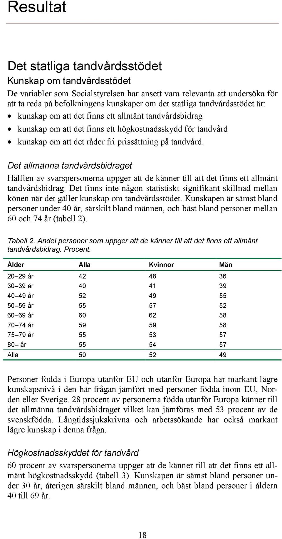 Det allmänna tandvårdsbidraget Hälften av svarspersonerna uppger att de känner till att det finns ett allmänt tandvårdsbidrag.