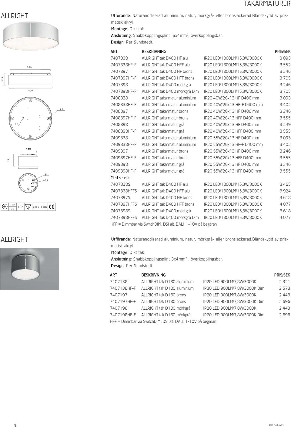 7407338 ALLRIGHT tak D400 HF alu LED/1800LM/15,3W/3000K 3 093 7407338HF-F ALLRIGHT tak D400 HFF alu LED/1800LM/15,3W/3000K 3 552 7407397 ALLRIGHT tak D400 HF brons LED/1800LM/15,3W/3000K 3 246